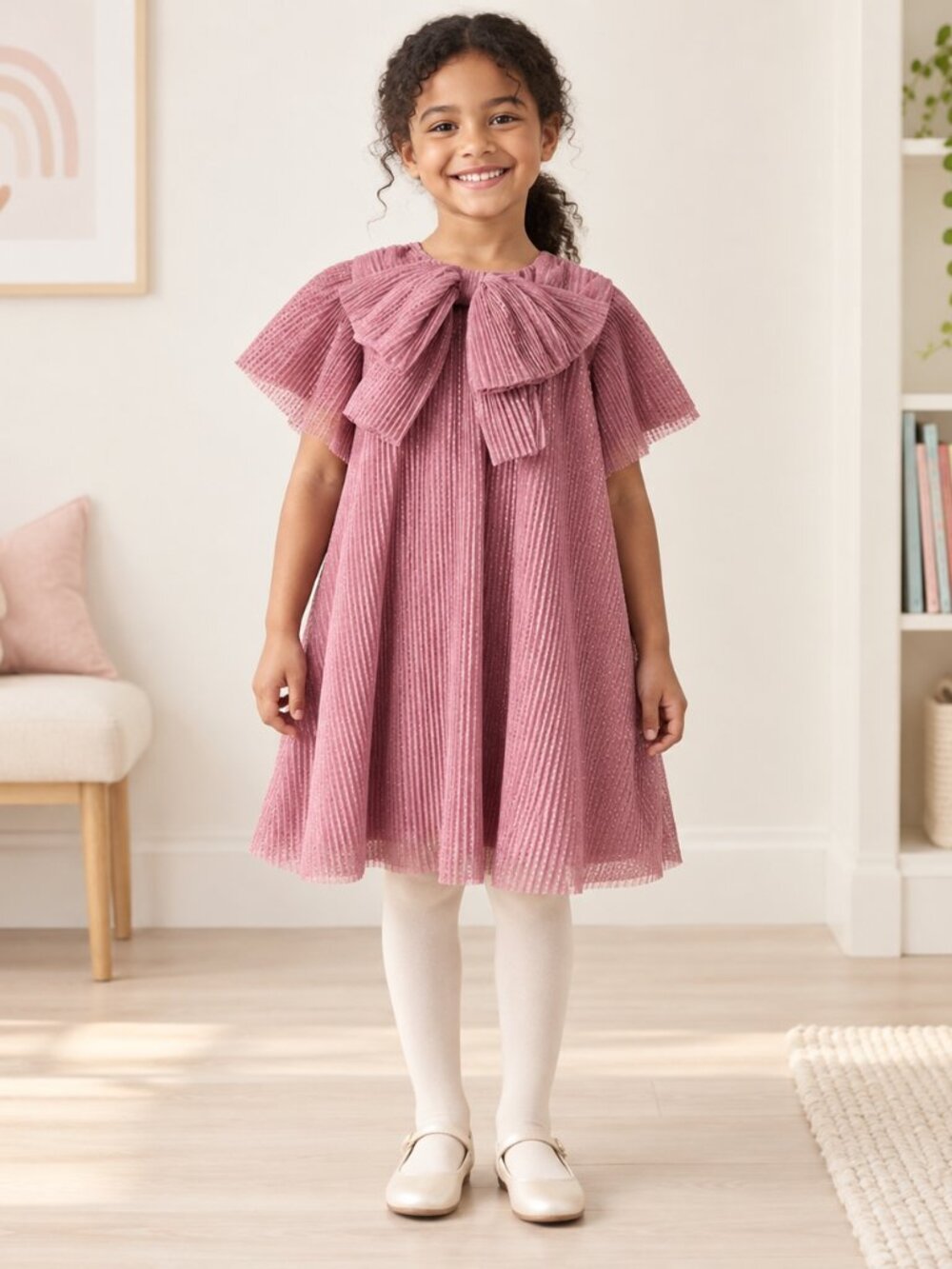 Next Girls Pink Glitter Bow Party Dress Size 4-T 4-5Y Pleated Special Occasion